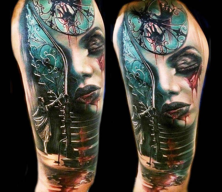 Beautiful looking colored shoulder tattoo of creepy bloody woman with stairs
