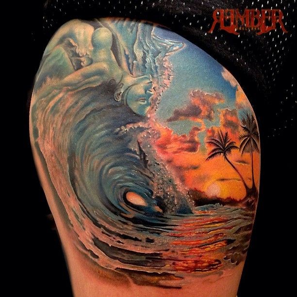 Beautiful looking colored tattoo of ocean waves with mermaid