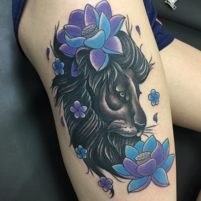Beautiful looking colored violet flowers and lion