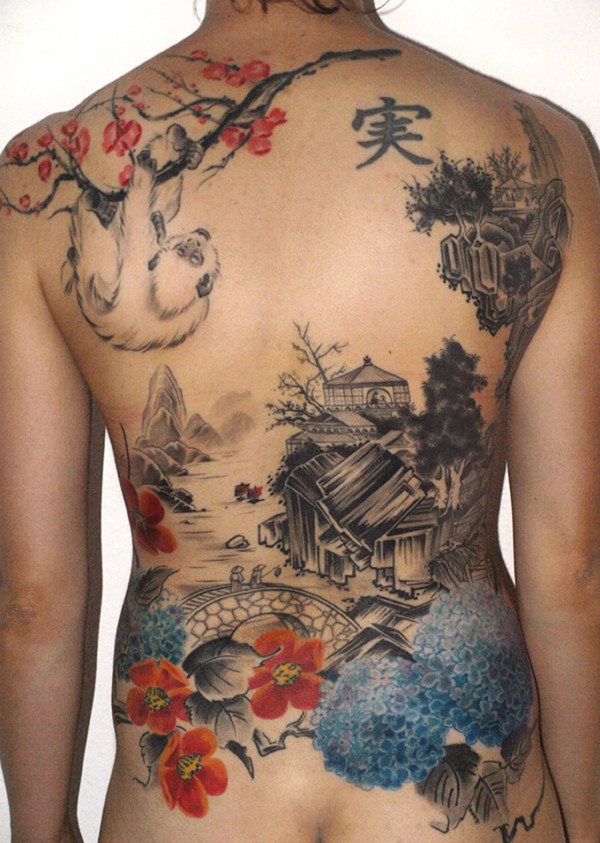 Beautiful looking colored whole back tattoo of Asian old house with tree and slope