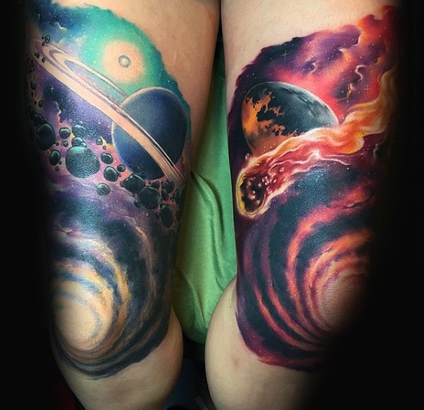 Beautiful looking illustrative style knee tattoo of deep space