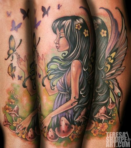 Beautiful looking multicolored fantasy girl with butterflies and mushrooms
