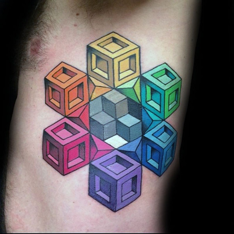Beautiful multicolored geometrical tattoo on side