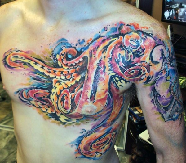 Beautiful multicolored octopus tattoo on shoulder and chest