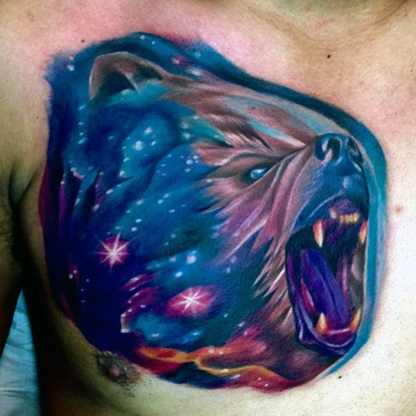 Beautiful multicolored roaring bear stylized with night sky tattoo on chest