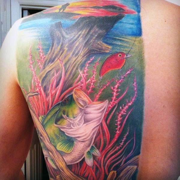 Beautiful multicolored wish chasing the lure tattoo on back