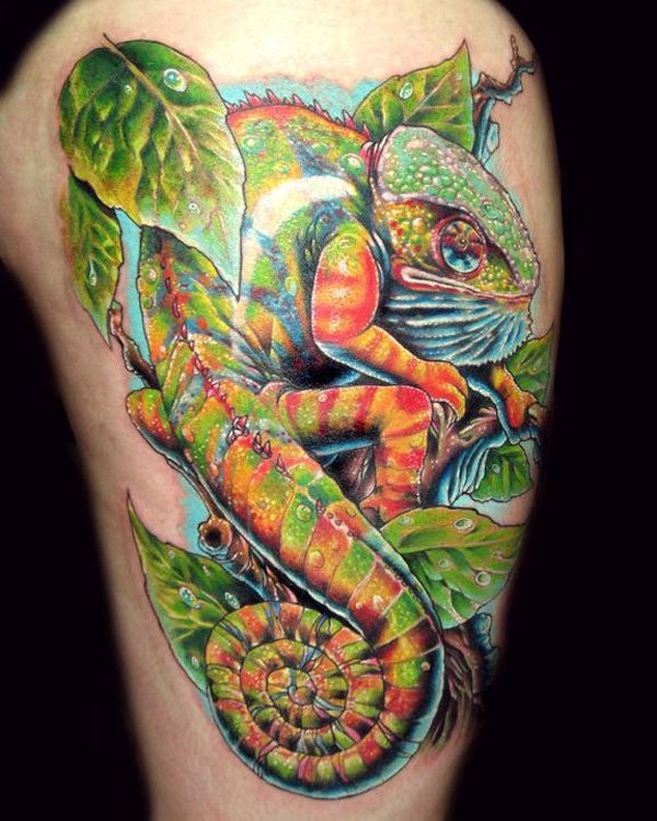 Beautiful natural looking thigh tattoo of big chameleon