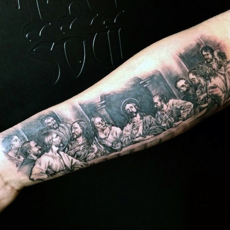 Beautiful painted black and white The Last Supper picture tattoo on arm