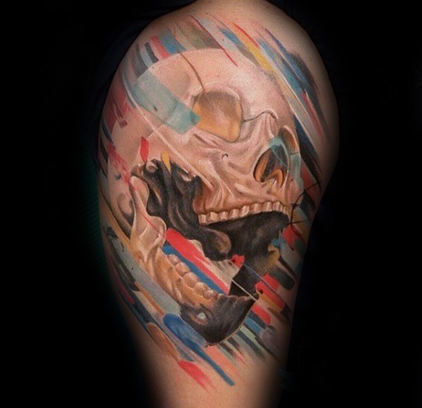 Beautiful painted colored human skull with lines