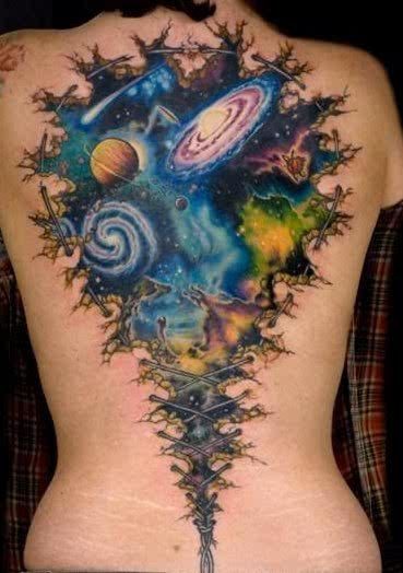 Beautiful painted colored open space tattoo on whole back