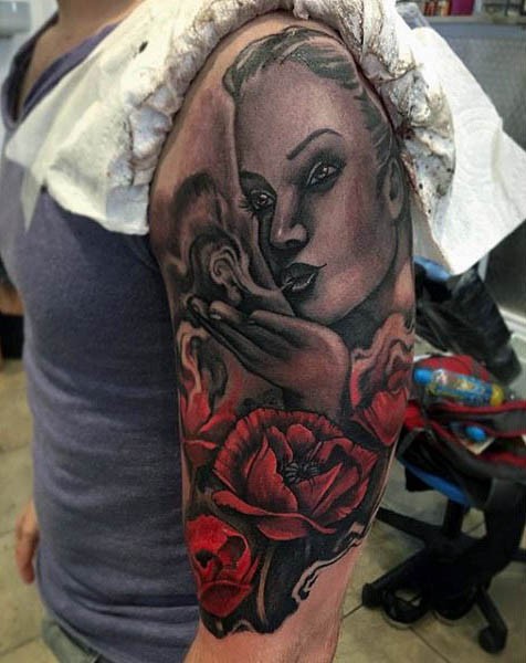 Beautiful painted half colored seductive woman shoulder tattoo with flowers