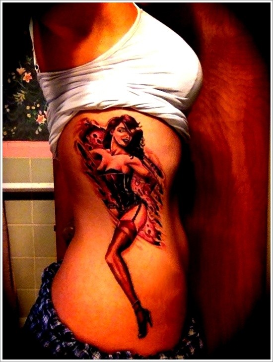 Beautiful painted vintage woman dancer tattoo on side