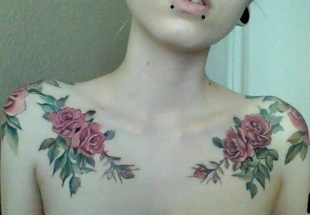 Beautiful pink roses tattoo on chest for girls