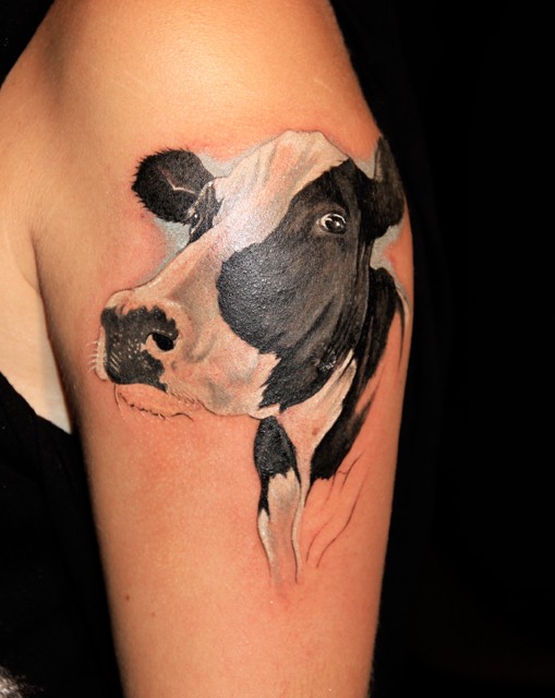 Tatuaje  de  vaca bonita en el brazo