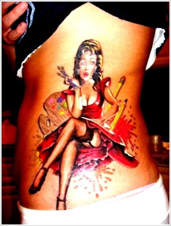 Beautiful vintage style seductive woman painter tattoo on waist