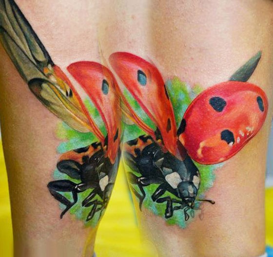 Beautiful vivid colors flying ladybug tattoo
