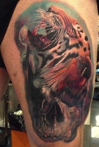 Beautiful watercolor tiger head tattoo on thigh