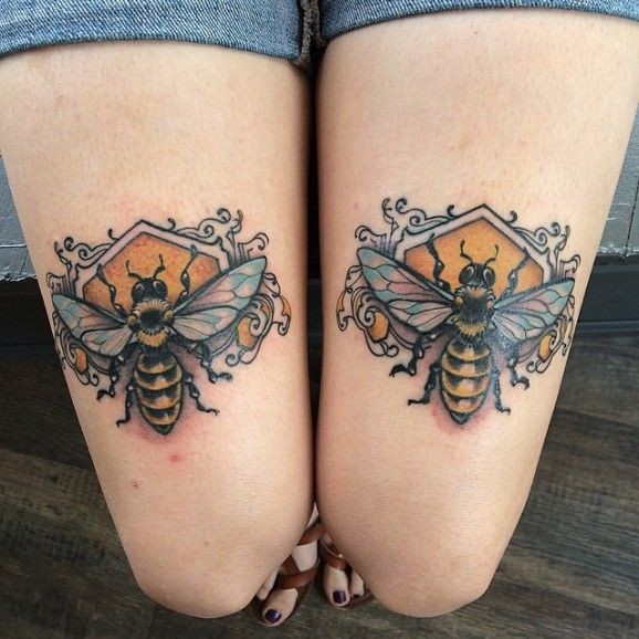 Bees on honeycomb tattoo on legs by Mike Moses