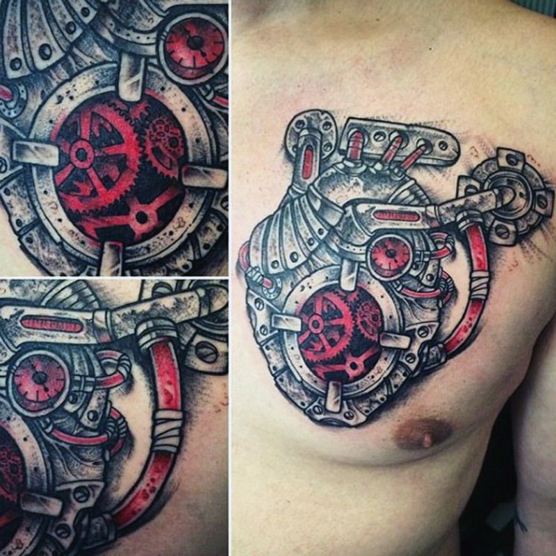 grande cuore meccanico colorato tatuaggio su petto