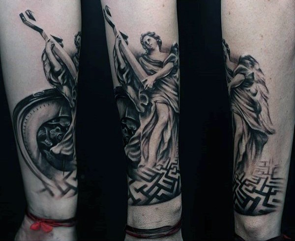 Big 3D like black and white angel statue tattoo on forearm with cross