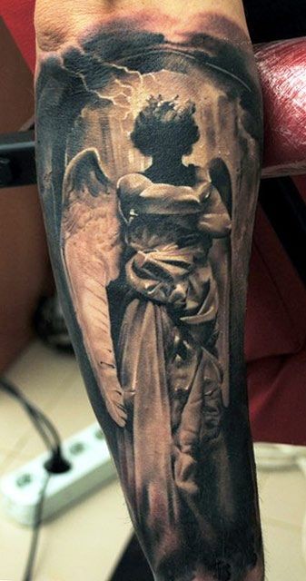 Big 3D like black ink dark angel statue tattoo on forearm