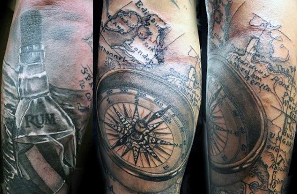 Big 3D like black ink nautical tattoo with map and compass on arm