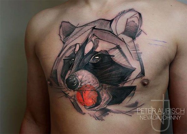Big 3D style old school colored chest tattoo of raccoon