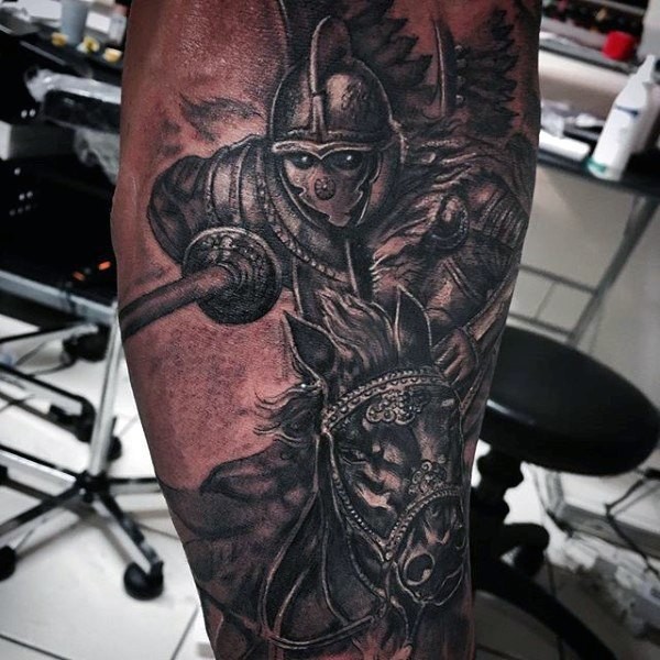 Big 3D style painted colored medieval knight tattoo