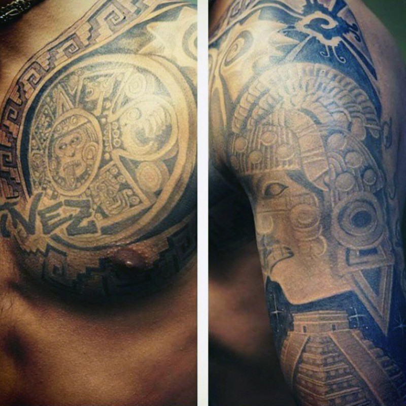 Big accurate painted shoulder and chest tattoo of Mayan culture symbols