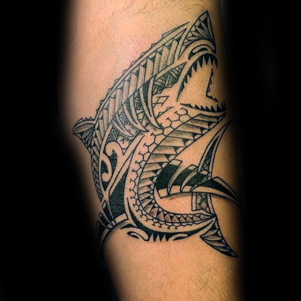 Big amazing looking black ink arm tattoo of Polynesian style shark