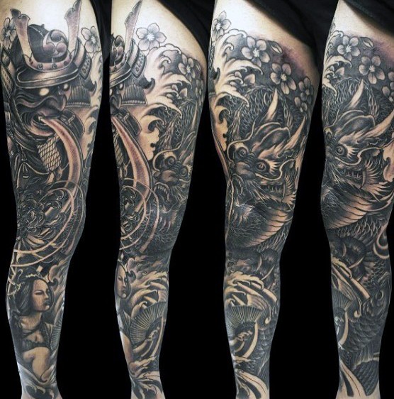 Big Asian native black ink tattoo on whole leg with dragons and samurai warrior