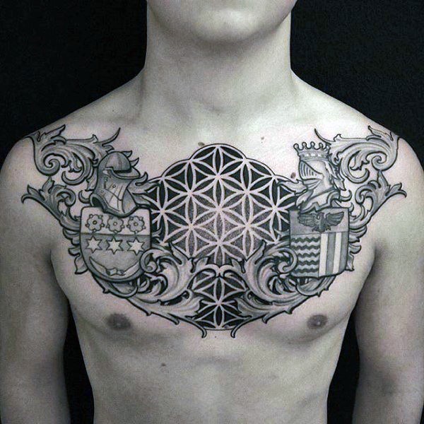 Tatuaje en el pecho,  estilo celta interesante  con escudos pequeños