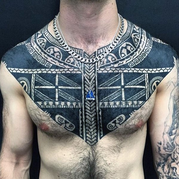 Big black and white mystic ornaments tattoo on shoulders and chest