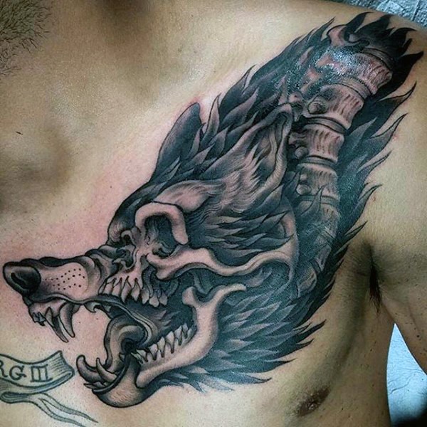 Big black and white mystic wolf with skeleton tattoo on chest