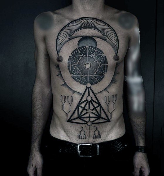 Big black and white mystical symbols tattoo on chest and belly