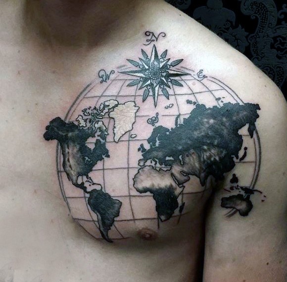 Big black and white nautical themed world globe tattoo on chest