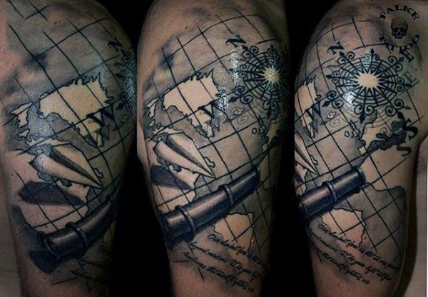 Big black and white nautical world map with paper plane tattoo on shoulder