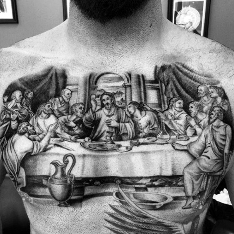 Big black and white realistic The Last Supper tattoo on chest