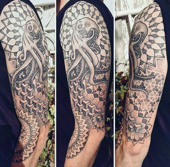 Big black and white tribal style tattoo with octopus on sleeve