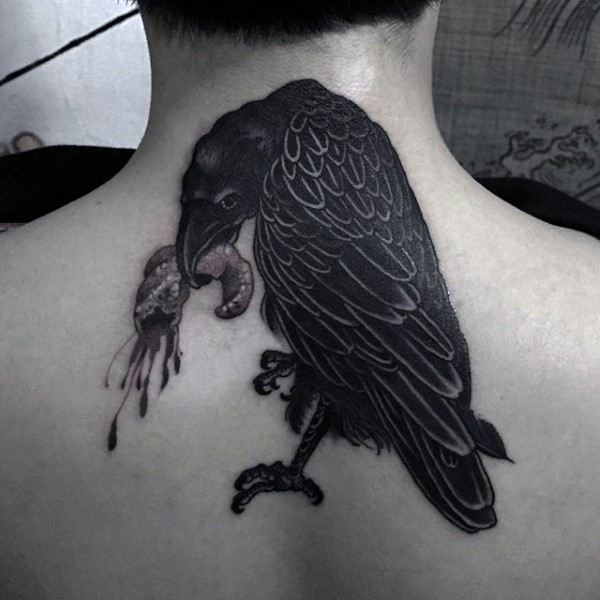Big black ink detailed creepy crow with bloody meat tattoo on neck