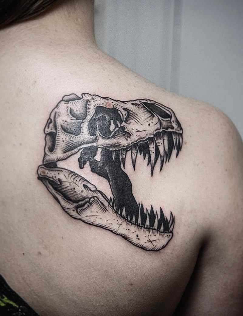 Big black ink engraving style dinosaur skull tattoo on shoulder
