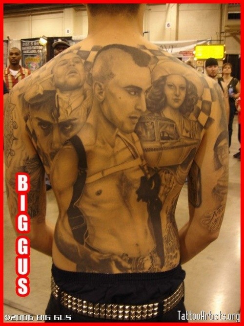 Big black ink famous movie heroes tattoo on whole back