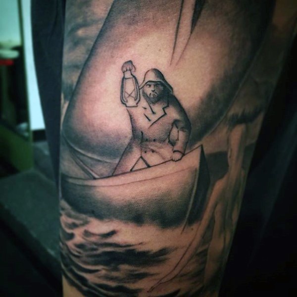 Big black ink man in boat with lighter tattoo on arm