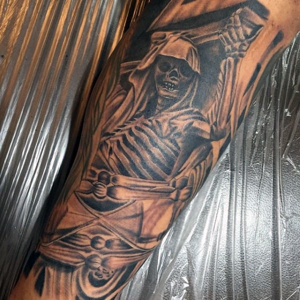 Big black ink skeleton with sand clock tattoo on arm