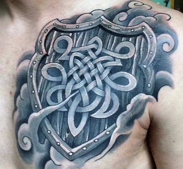 Big Celtic style painted warrior shield tattoo on chest