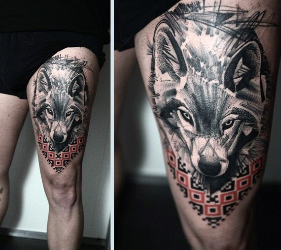 Big colored abstract wolf tattoo on thigh combined with colored ornaments