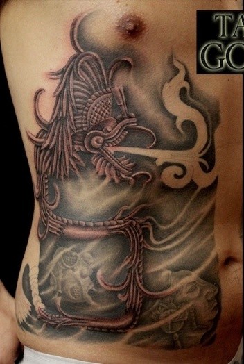 Big colored ancient paintings like side and belly tattoo of mystic dragon