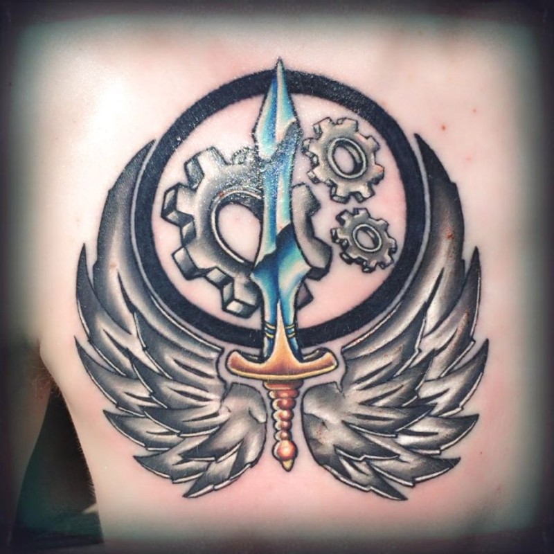 Big colored back tattoo of sword with wings