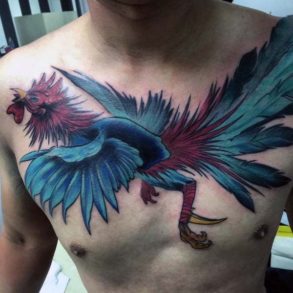 Big colored detailed cock tattoo on chest