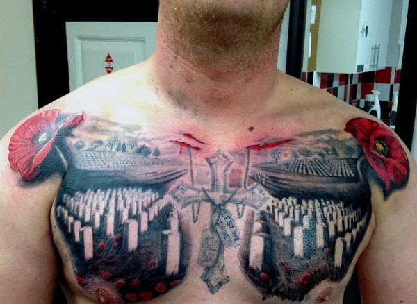 Big colored dramatic military cemetery tattoo on chest with cross and flowers